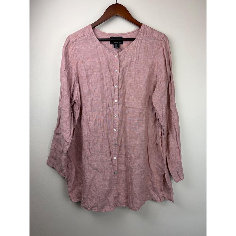 Tahari Linen Button Front Blouse 1X Pink Coastal Lagenlook Roll Tab Long Sleeve